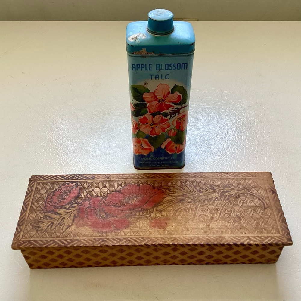 Antique Apple Blossom Talc Tin and Decorative Glove Box